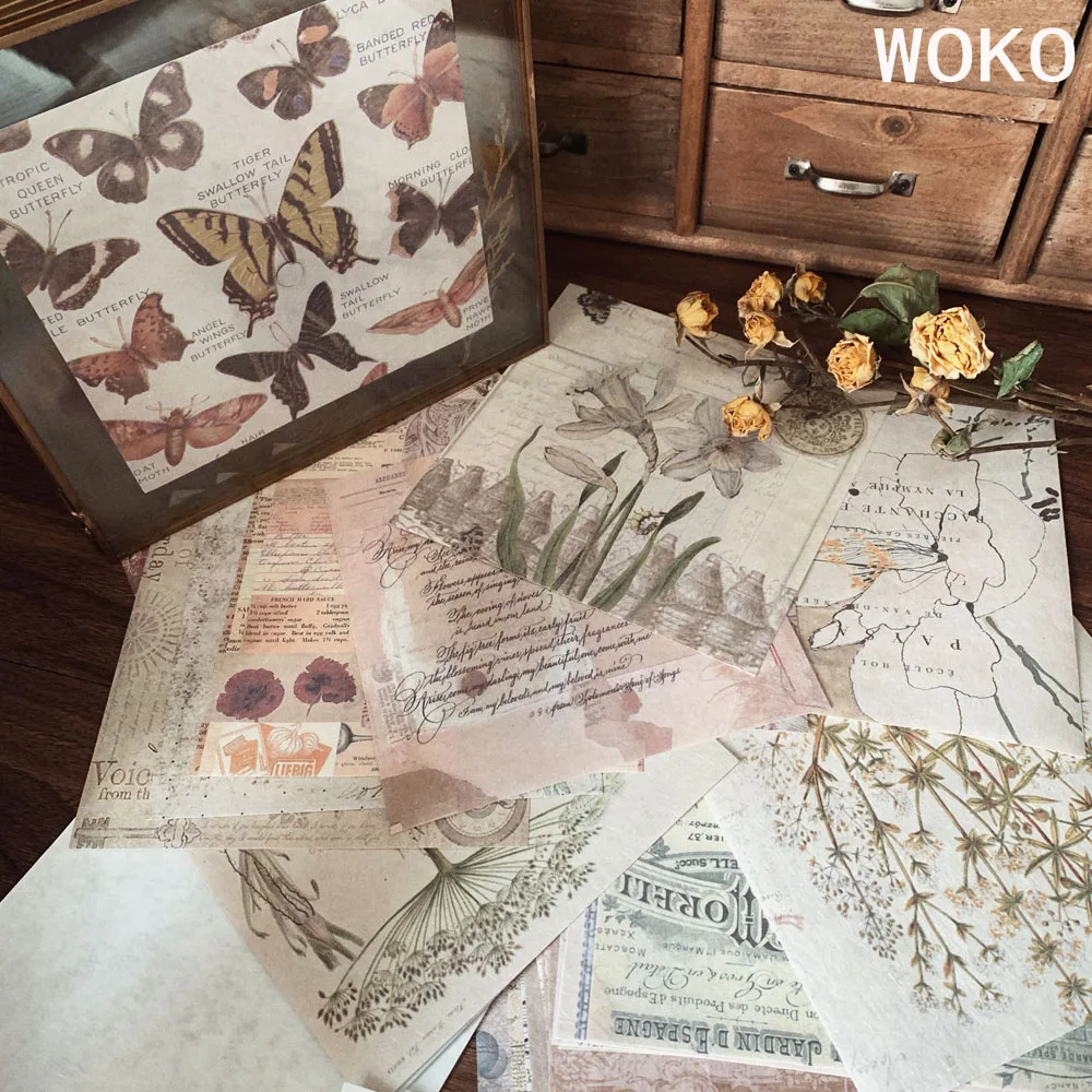 WOKO 40 листов Винтажная настольная книга материал старая бабочка растение птица цветок грибы фоновый коллаж бумажная наклейка, сделай сам, скрапбукинг