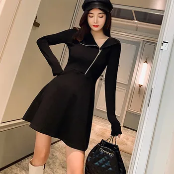 

Women Slim Solid Color Sexy Black Dress Spring Long Sleeve Lapel Zipper Waisted Clubwear Ladies Vestidos