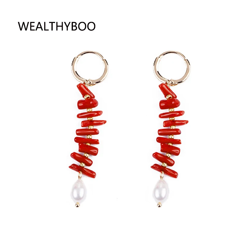 Red coral dangle earrings pearl boho ear rings for women luxury Earring female gift Wholesale or Dropshipping