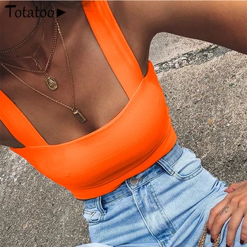 

Totatoop Strap Bra Summer Crop Tops Sleeveless Solid Color Neon Orange T Shirts Lady Sexy Fashion Streetwear Casual Tank Vest