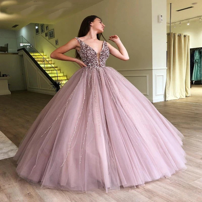 

Charming Pearls Purple Tulle Sexy Long Evening Dresses 2020 Deep V-Neck Beading Evening Gown Elegant Ball Gown Prom Party Dress