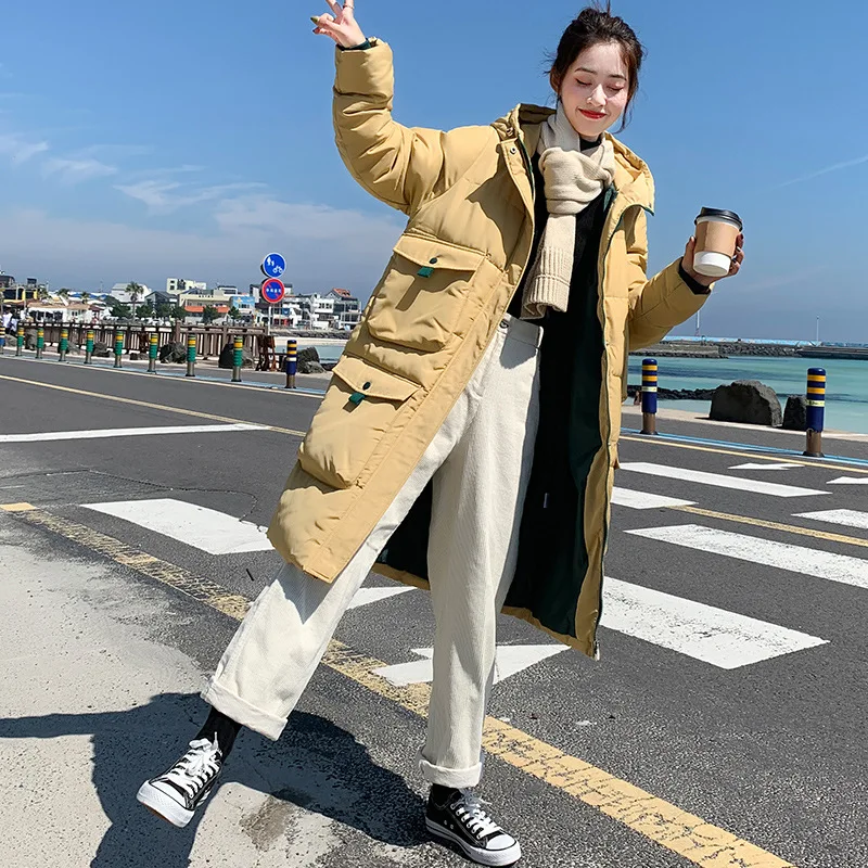

Photo Shoot 19 Korean-style down Jacket Women's Simple New Style Loose-Fit down Coat Hooded Thick over-the-Knee Cotton Coat Stud