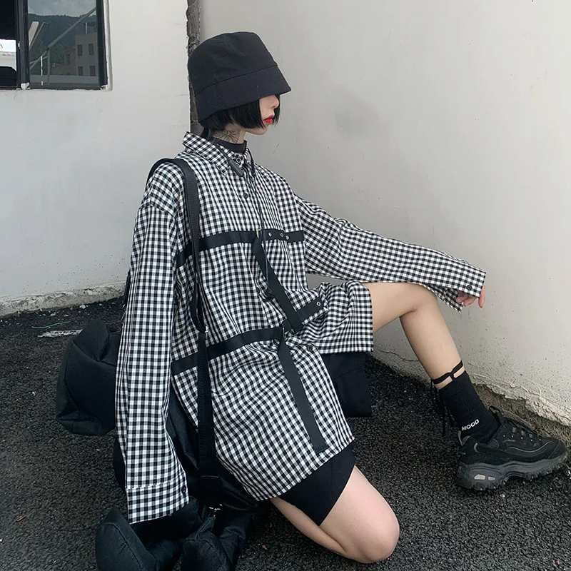 DARK 2020 Autumn Korean Ins Harajuku Style Dark Black And White Plaid Personalized Webbing Design Loose Long-sleeved Shirt