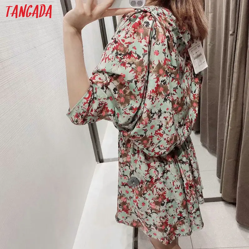 Tangada, женское элегантное платье с цветочным рисунком, тянущаяся Талия, рукав три четверти, женские повседневные стильные платья, vestidos 5Z79