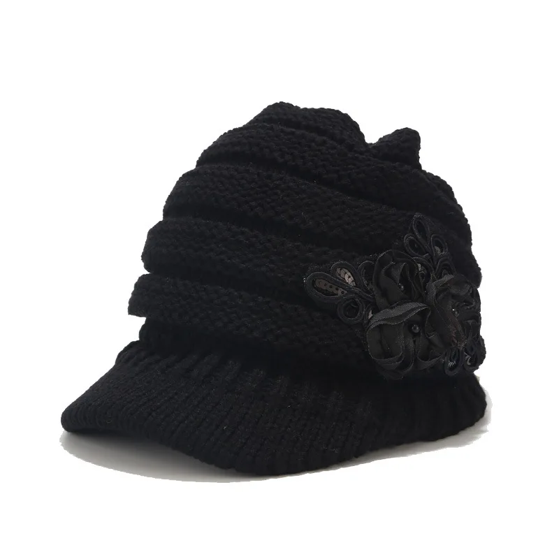 Stretchy Knitted Newsboy Cap Women Winter Hats with Visor Patch Flower White Red Grey Black