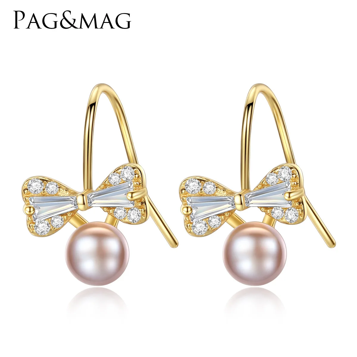 

PAG & MAG S925 pure silver pearl earrings natural fresh water 4A pearl Japanese and Korean lovely bow tie female Earrings