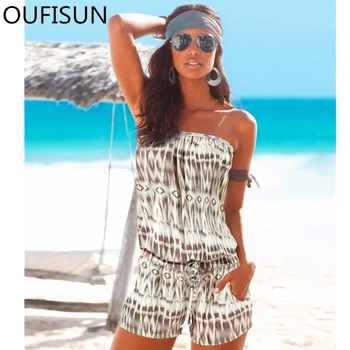 

2020 Summer Casual Loose Beach Short Jumpsuits Sexy Off Shoulder Backless Playsuits Fashion Print Lace Up Pockets Women Jumpsuit