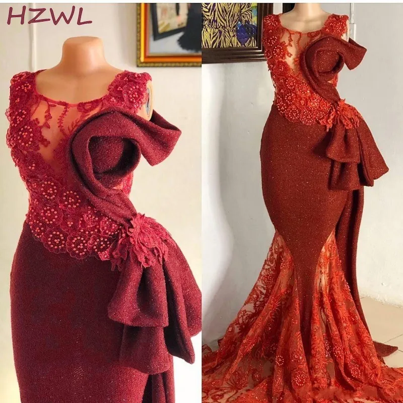 

Dark Red Mermaid Evening Dresses 2021 Aso Ebi Lace Sheer Neck Beads Pearls Prom Dress Plus Size Robe De Soiree Formal Party Gown