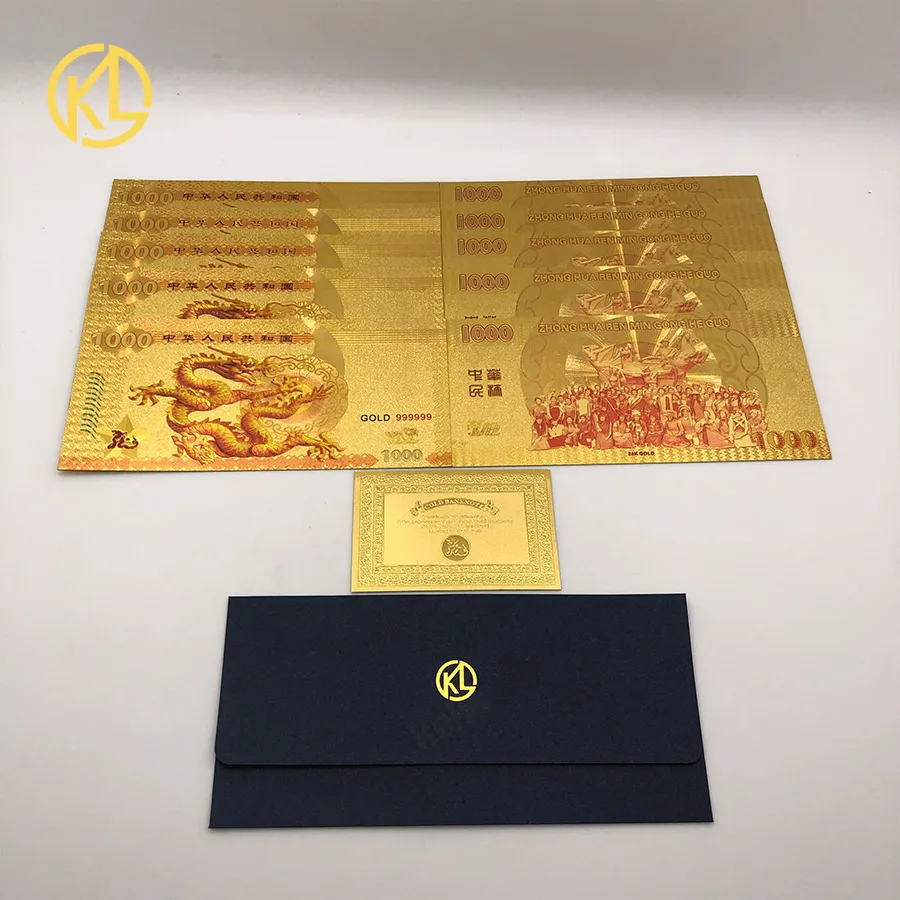 

10 pcs/lot New 1000 Gold Foil Banknotes Chinese Dragon with Security Fake Money Bill for Bussiness Gift