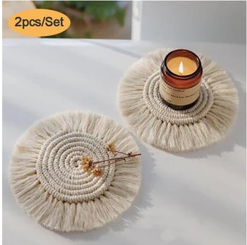 

2pcs Northern Europe Macrame Cup Pad Bohemia Tablecloth Table Mat Pure Handmade Cotton Braid Non-slip Insulation Mat For Kitchen