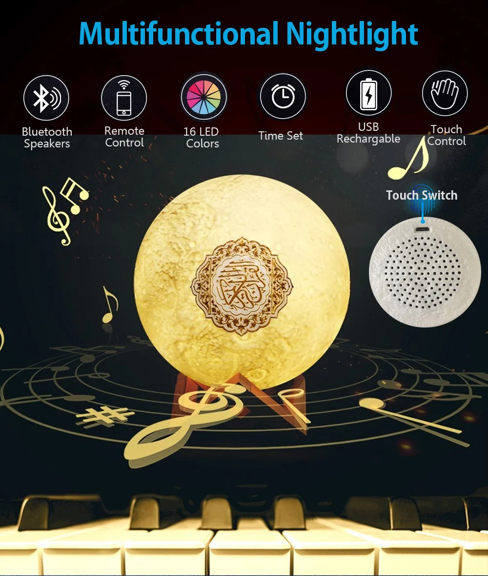 Bluetooth sem Fio Lua com Controle Alto Falantes Muçulmano Noite Alcorão 3d Remoto Speakr Koran Toque Lâmpada Luz 3 luz alcorão alto falantes 3d lua com