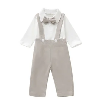 

Baby Boys Clothing Newborn Baby Boy Clothes Jumpsuit Romper Gentle Solid Color Bowknot Romper Tops+Strap Pants Outfits Set