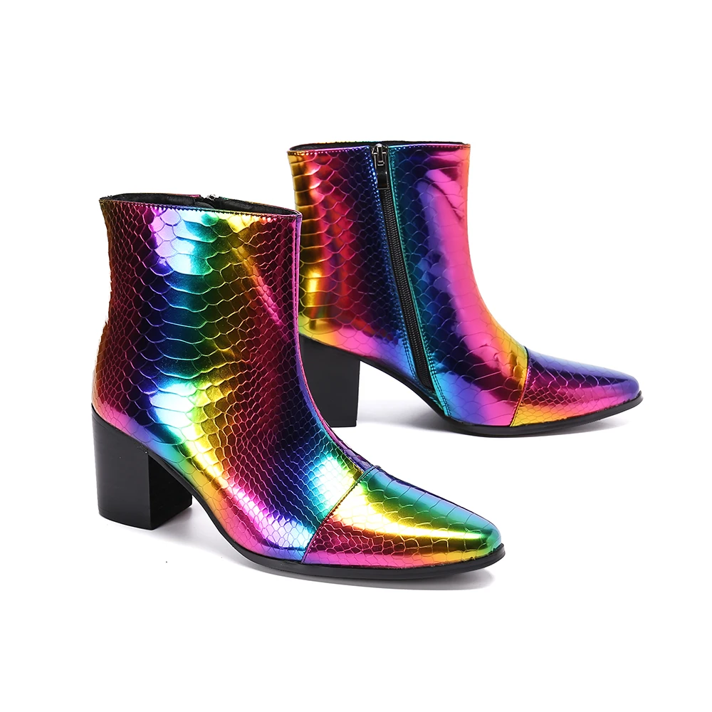 Designer Mens Shoes High Heels Snake Skin Rainbow Color Genuine