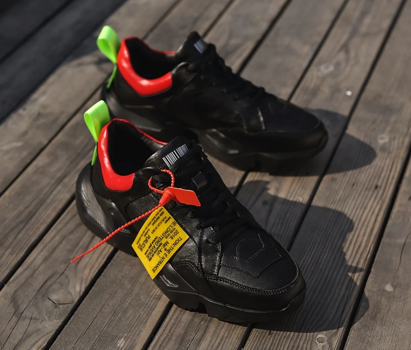 Thick Sole Shoes Men Luxury White Black Genuine Leather Platform Sneakers Vintage Lace Up Dad Shoes Streetwear Hip Hop Footwear