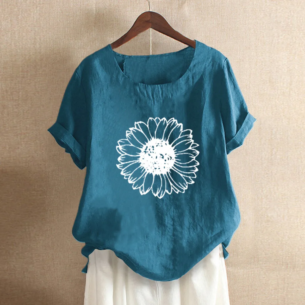 

Women's printed short-sleeved top summer linen comfortable and casual breathable sunflower printed short-sleeved O-neck 04*