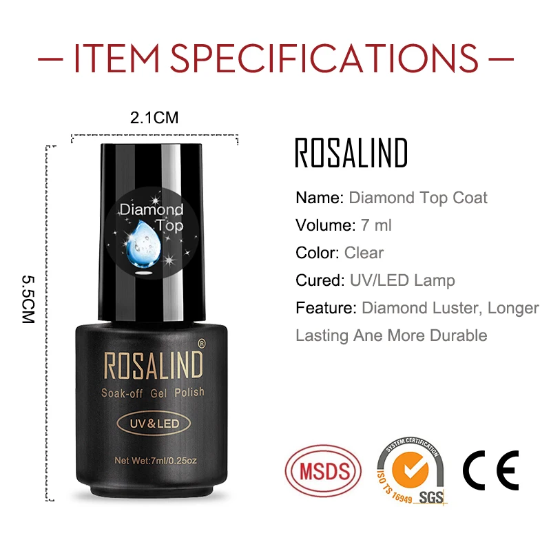 ROSALIND Gel Nail Polish Top Base Coat 7ml Diamond Transparent Long Lasting Manicure UV Primer Gel Lacquer Nail Art Base Coat