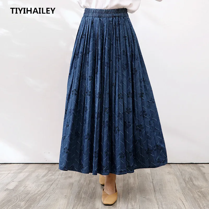 TIYIHAILEY Free Shipping 2021 Long Maxi A-line Skirts Women Elastic Waist Spring And Summer Denim Jeans Flower Skirt Lady Skirts vintage mid length blazer women solid colors double breasted suit office lady buttonless commute casual blazers 2021 new fashion