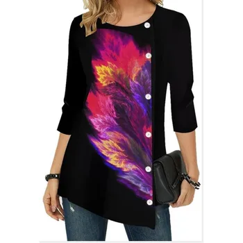 

Round Neck Casual Print Long Tshirts Top Women Summer 2020 New Black Button Tees Long Sleeve Large Size S-5XL Tshirt Femme