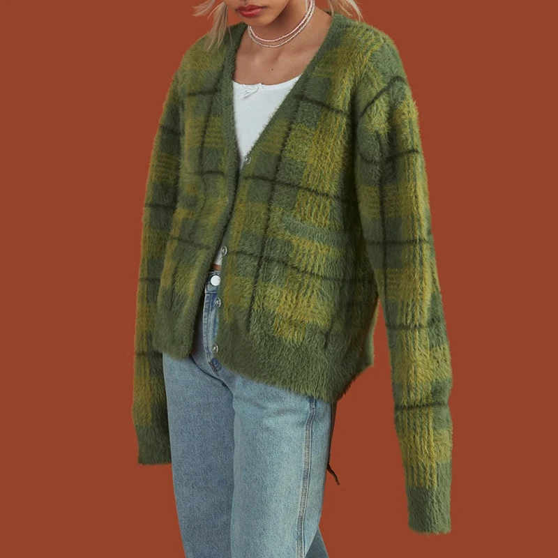 Green Plaid Cardigan Fuzzy Knit Front 