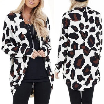 

Women'S Fashion Leopard Print Long Sleeve Slim Round Hem Mid-Long Cardigan