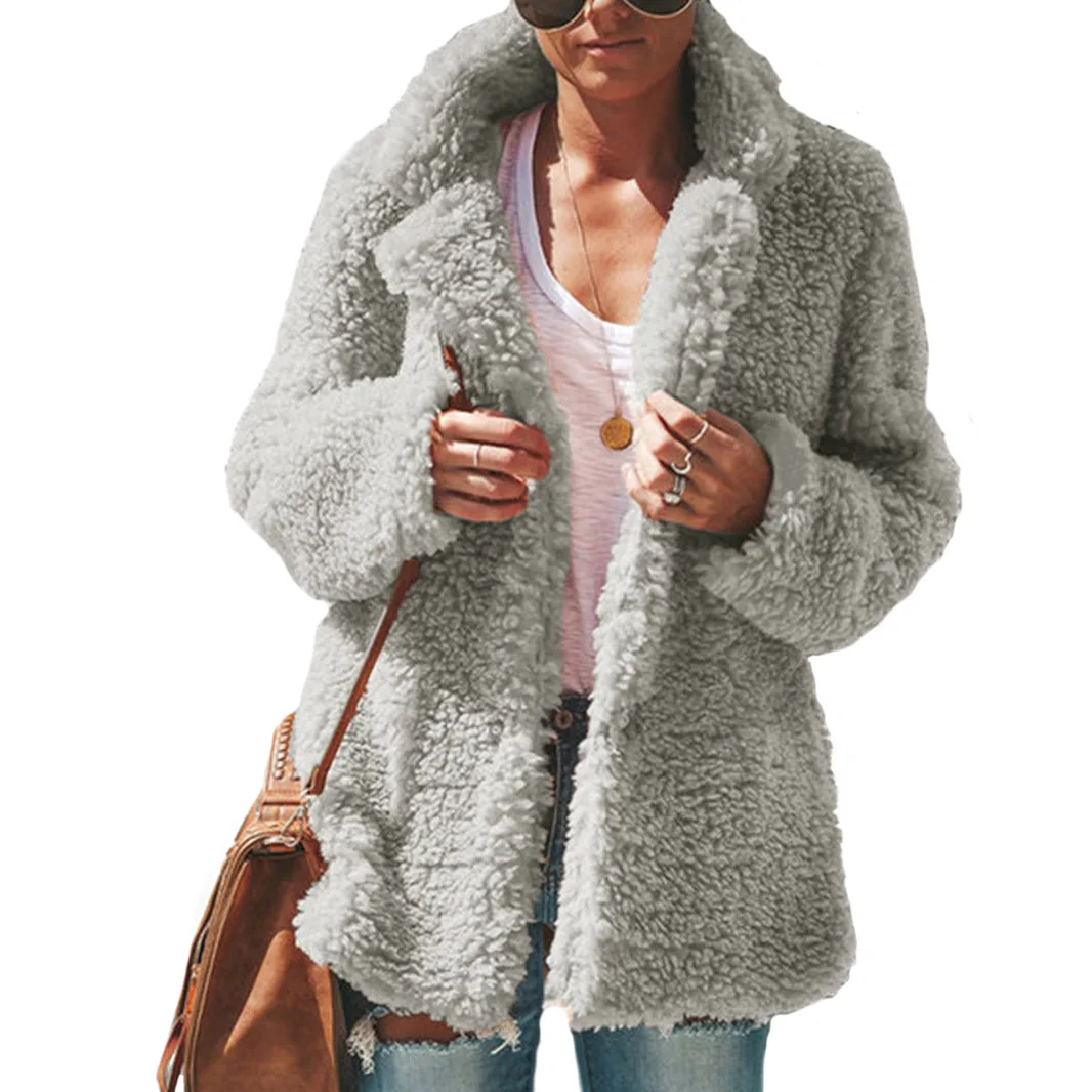 Плюшевое пальто для женщин, мех ягненка, утолщенное, Осеннее, теплое, с длинным рукавом, женское, плюшевое пальто, с карманами, повседневное