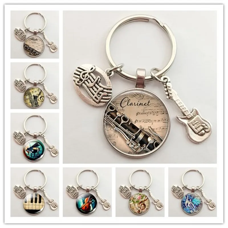 เครื่องดนตรี กีตาร์ขลุ่ยไวโอลิน Key Chain จี้เพลงหมายเหตุพวง