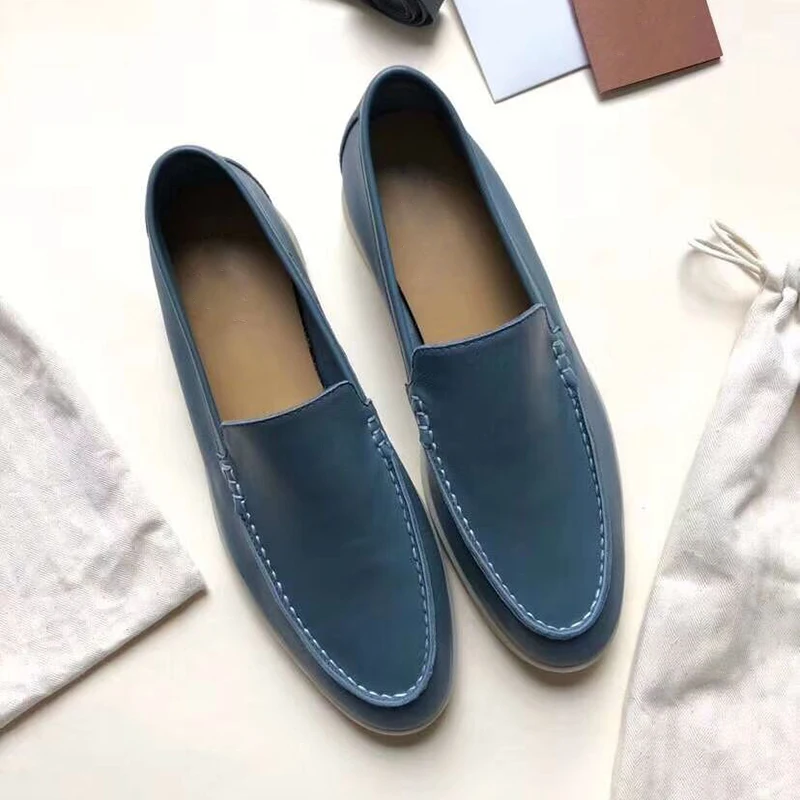 blue leather Новинка; женские замшевые лоферы из натуральной кожи; Повседневная обувь без застежки с круглым носком; удобная бежевая женская обувь для прогулок - Цвет: blue leather