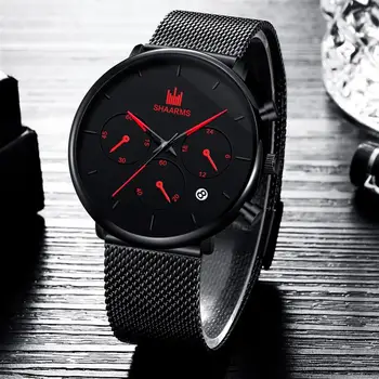 

SHAARMS Fashion Men Analog Watch Luxury Mesh Band Stainless Steel Simple Sport Date Wristwatch 2020 Quartz Watches Reloj Hombre