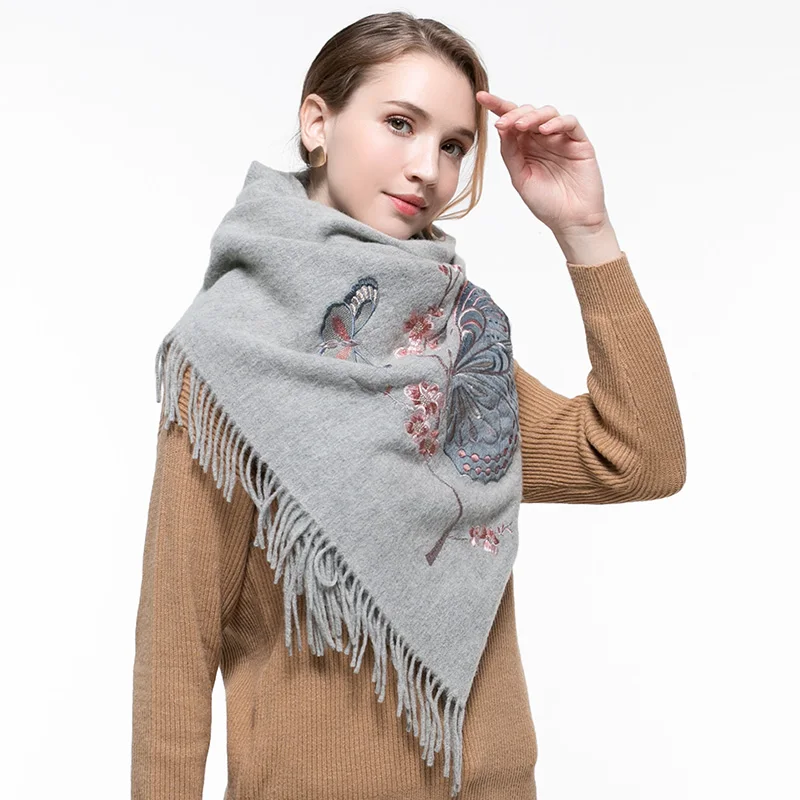 Зимний шерстяной шарф с вышитой бабочкой, женский шарф из овечьей шерсти, женские шали и палантины для дам, однотонные кашемировые шарфы