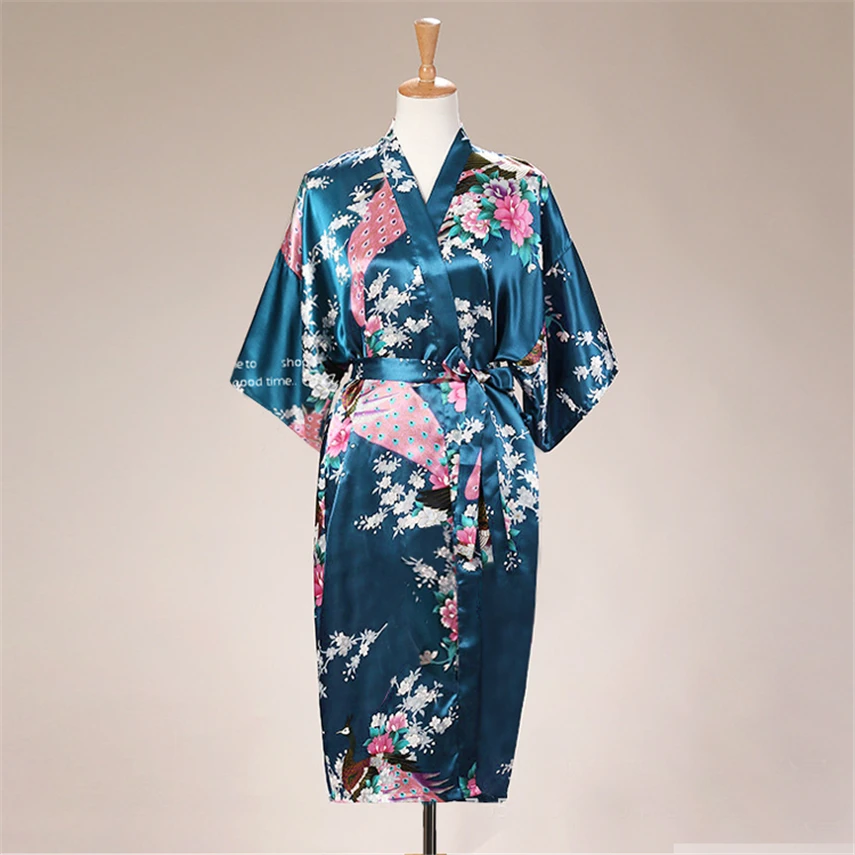 9Color Satin Japanese Style Kimono Women Yukata Dress Traditional Peacock Thin Clothing for Japanese Adult Loose Pajamas