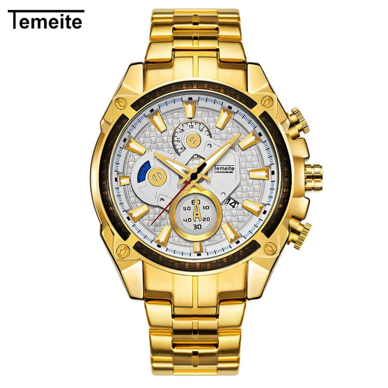 gold white Temeite роскошные золотые часы для мужчин из нержавеющей стали водонепроницаемые спортивные кварцевые часы для мужчин s брендовые модные повседневные наручные часы для мужчин Relogio - Цвет: gold white
