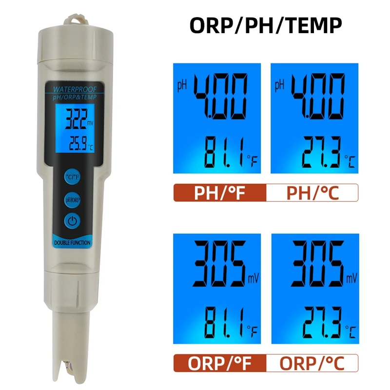 

3in1 Digital ORP pH TEMP Meter Portable Waterproof Water Quality Monitor Detector For Pools Drinking Water Aquarium Backlight