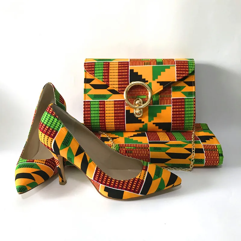 

Popular Kente Ankara wax Print fabric and handbag with matching women shoes set, can customized different style shoes 36-43 A9-2