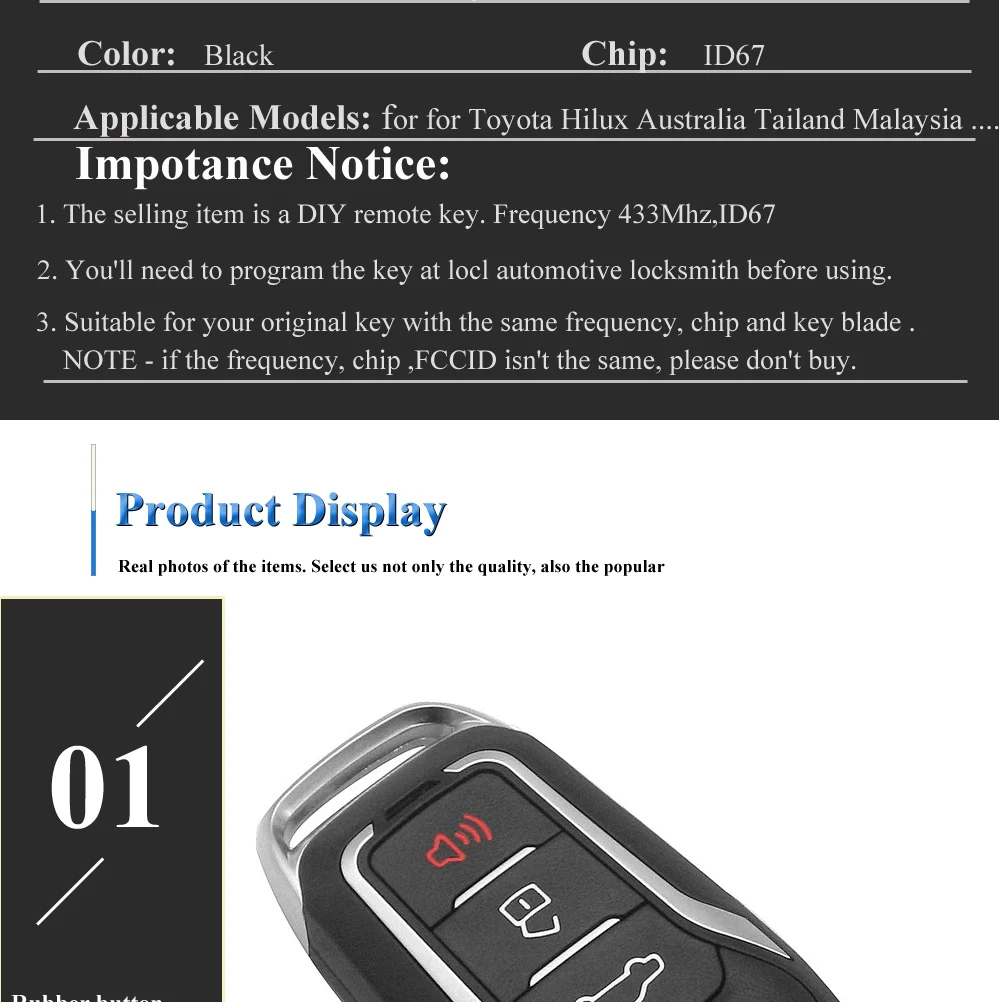 Keyforkess Modificato di Vibrazione di Chiave Dell'automobile 433Mhz ID67 per Toyota Hilux Fortuner Camry Yaris Vios Innova Tokai Riki A Distanza Fob CODICE FCC: b44TA - H00ad54f097e94b1a99c692f46f7b519ar