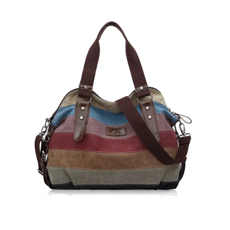 

Local stock 2019 women's tote color striped canvas handbag multi-function laptop messenger shoulder bag