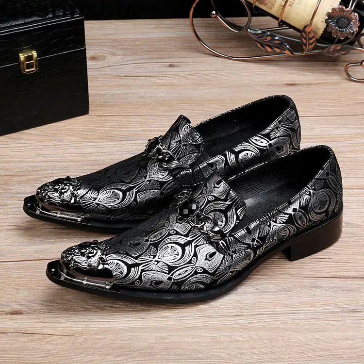 

Unique Style Men Loafers Genuine Leather Printed Metal Capped Toe Pointed Slip-on Men Leather Casual Shoes For Party Office