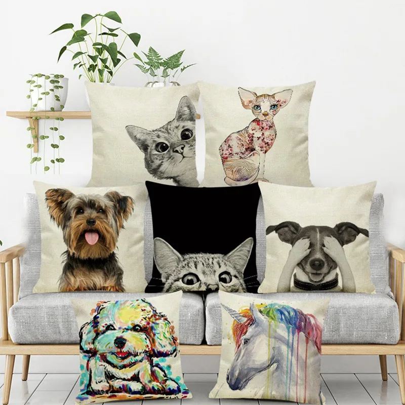 

Cute Cat Dog Pattern Cushion Cover Cartoon Animal Linen Throw Pillow Case Cover Unicorn Cat Decor Pillowcases Home Decorative