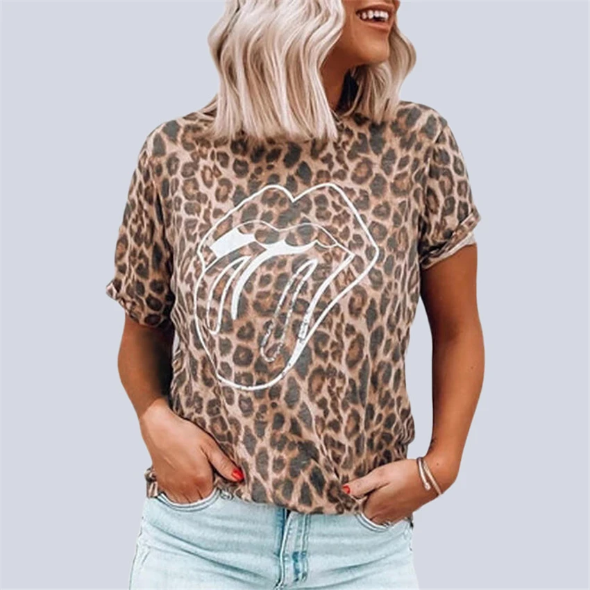 Oliviavan Camisetas de Mujer Camiseta Casual Moda para Mujer Estampado de Leopardo Lentejuelas Empalme Manga Corta Camiseta de Mujer Blusa Camisa Básica 