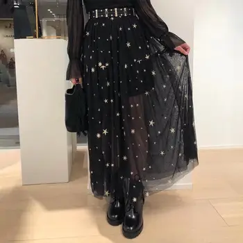 

Spring Summer Mesh Women's Midi Skirt Ladies Star Embroidery Sweet Long Skirts New Style Female Clothes