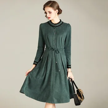

Winter Dresses For Women 2020 New Simple Patchwork Stand Collar Long Sleeved Slim A-Line Elegant Ladies Clothing S-XL