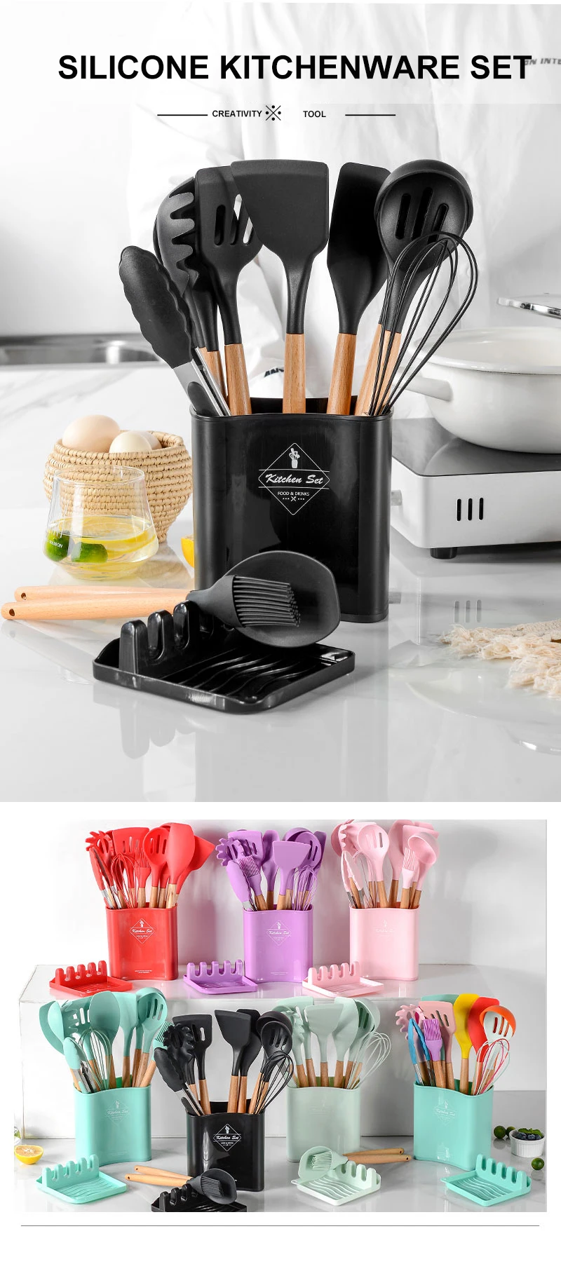 Silicone Cooking Utensils Set Non-Stick Spatula Shovel Wooden Handle Cooking Tools Set With Storage Box Kitchen Tool Accessories