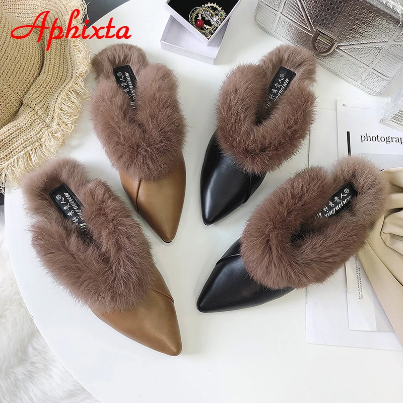 Aphixta/женские шлепанцы с острым носком; Коллекция года; обувь без задника с натуральным животным мехом; обувь с пряжкой; тапочки с натуральным мехом; женская обувь на меху