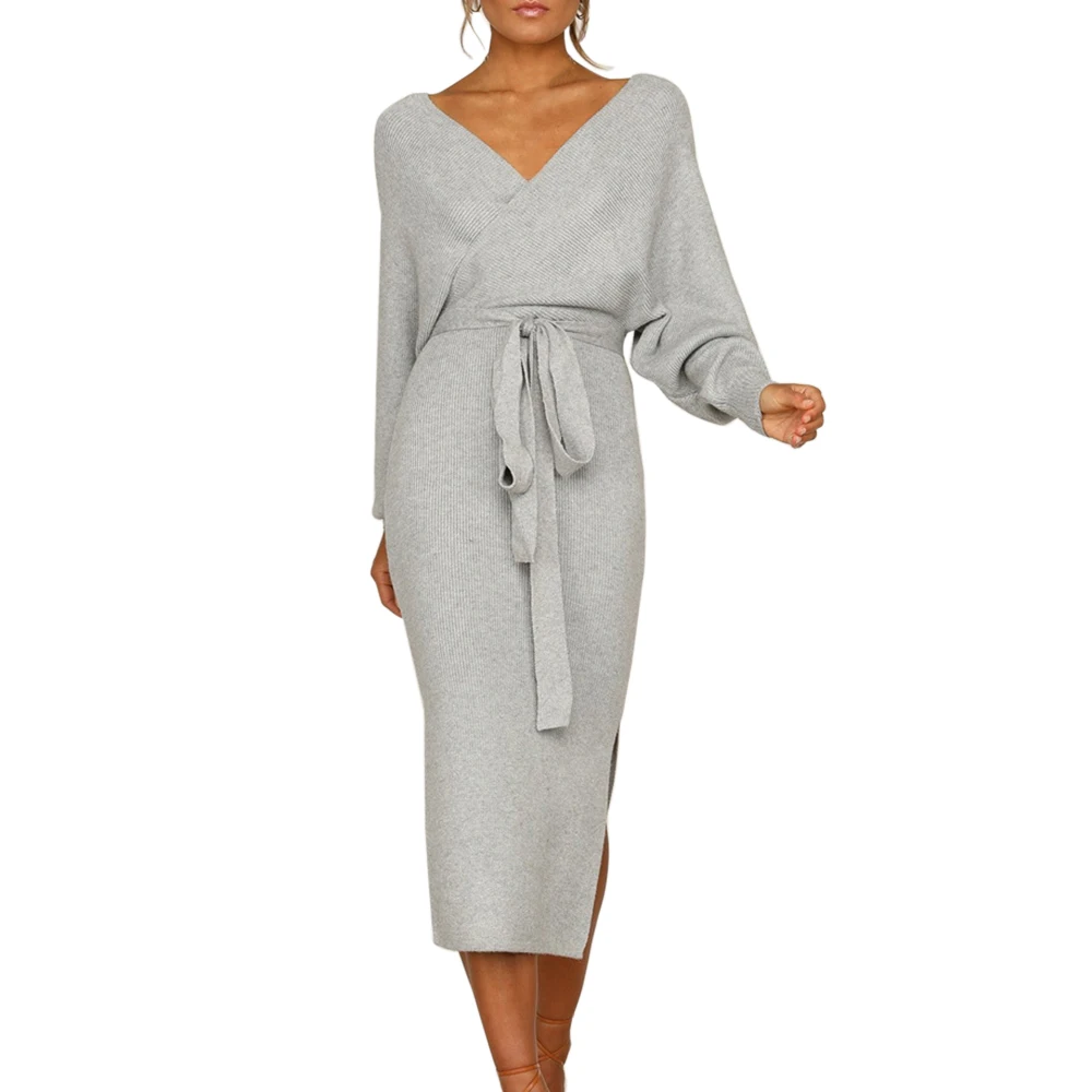NIBESSER модное сексуальное облегающее трикотажное платье-свитер с глубоким v-образным вырезом и длинным рукавом, женское осенне-зимнее повседневное Клубное платье Vestidos - Цвет: Gray