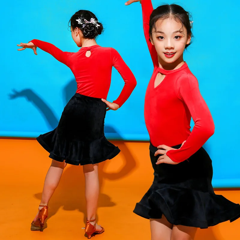 Children Latin Dance Practice Clothes Ballroom Dance Dress Girls Latin Performance Suit Top+Skirt Latin Dance Costumes 2 Pcs Set (5)