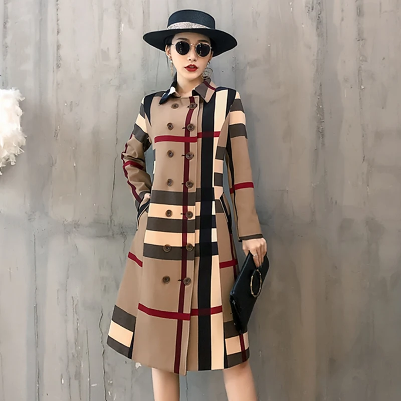 

Fashion Turn-down Collar Trench-coat Women Autumn Khaki Striped Double-Breasted Casual Long-coat Office Lady Loose Windbreaker