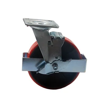 

Heavy Duty 8-inch Cast Iron Polyurethane Pu Red Double Axle Caster Universal Wheel With Brake Anti-collision Guardrail Warehouse