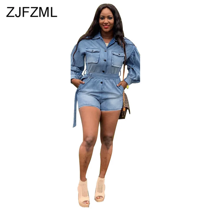 

Button Up Sexy Washed Denim Playsuit Women Turn Down Collar Long Sleeve Pockets Short Jumpsuit Plus Size One Piece Party Overall