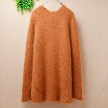 

ladies women hairy fashion mink cashmere knitted o-neck long sleeves slim pullover angora rabbit fur winter jumper sweater tops