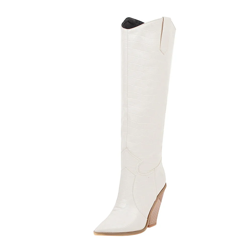 Западное Родео; ковбойские ботинки; женская повседневная обувь на танкетке из искусственной кожи с острым носком; удобные длинные сапоги-трубы с вышивкой; botas mujer - Цвет: Белый