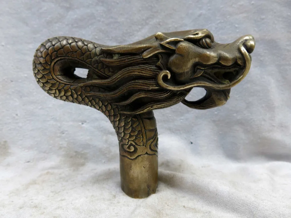 Китайский резной тонкий латунный Красивый Дракон Костыль рукоятка скульптура